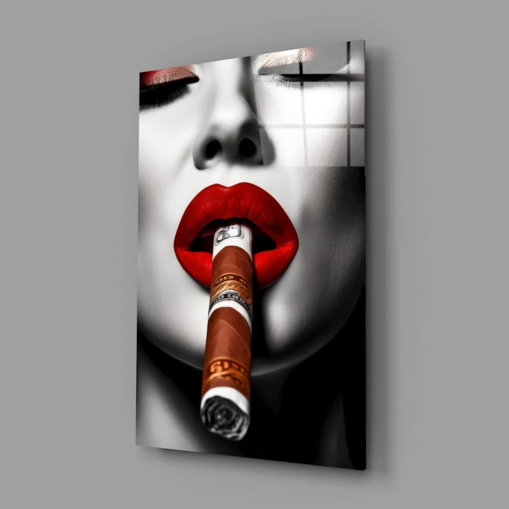 Bold Red Lips Cigar Woman Glass Wall Art Canvas Print | Glass Wall Art Print | vintageantiquesgifts.com