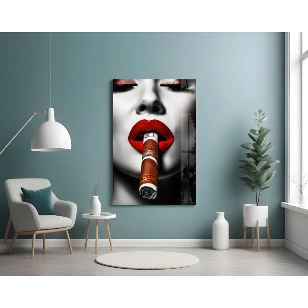 Bold Red Lips Cigar Woman Glass Wall Art Canvas Print | Contemporary Home Wall Art | vintageantiquesgifts.com
