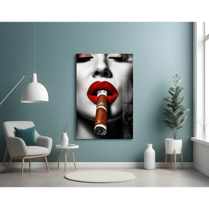 Bold Red Lips Cigar Woman Glass Wall Art Canvas Print | Contemporary Home Wall Art | vintageantiquesgifts.com