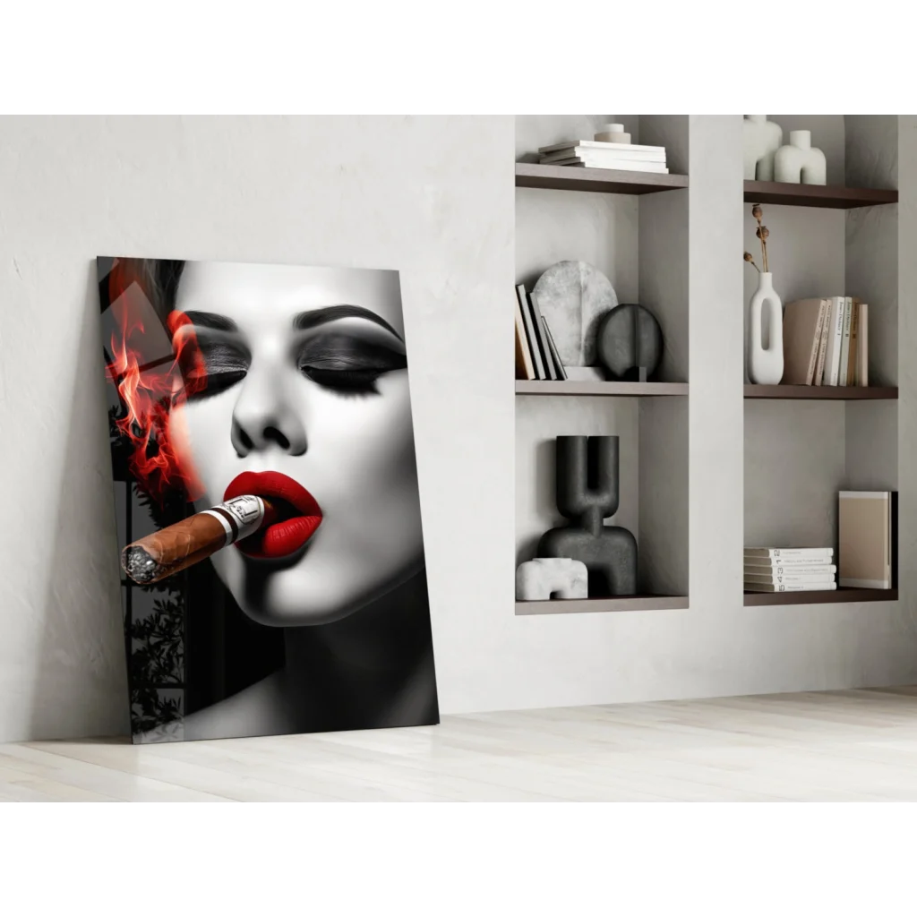 Bold Red Lips Cigar Woman canvas wall art print with flames