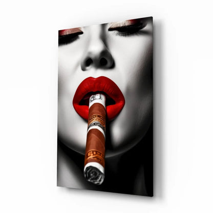 Bold Red Lips Cigar Woman Glass Wall Art Canvas Print | Insigneart USA | vintageantiquesgifts.com