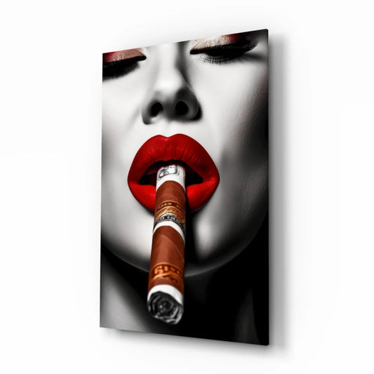 Bold Red Lips Cigar Woman Glass Wall Art Canvas Print | Insigneart USA | vintageantiquesgifts.com