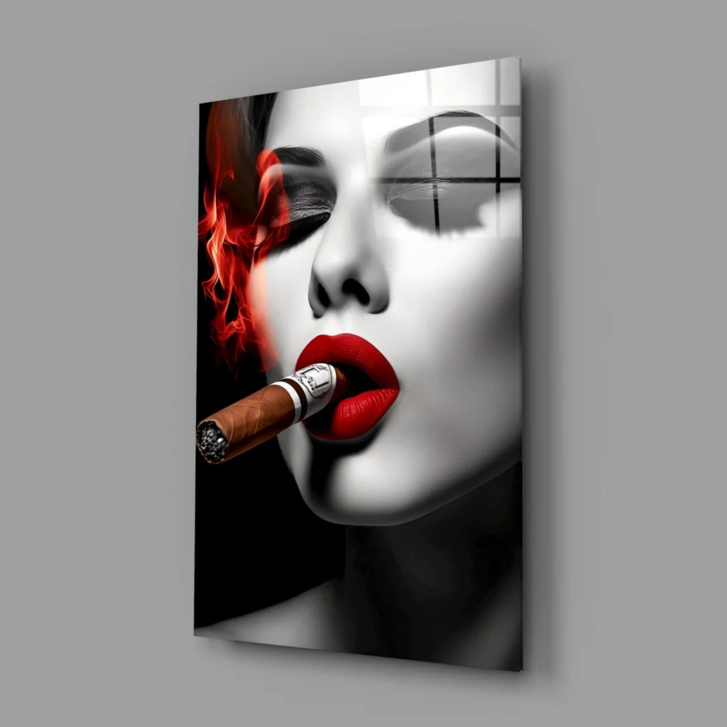 Striking black-and-white woman with bold red lips and fiery hair holding cigar wall art print