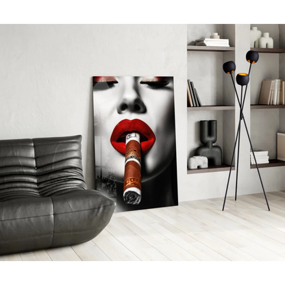 Bold red lips cigar woman glass wall art canvas print in modern decor