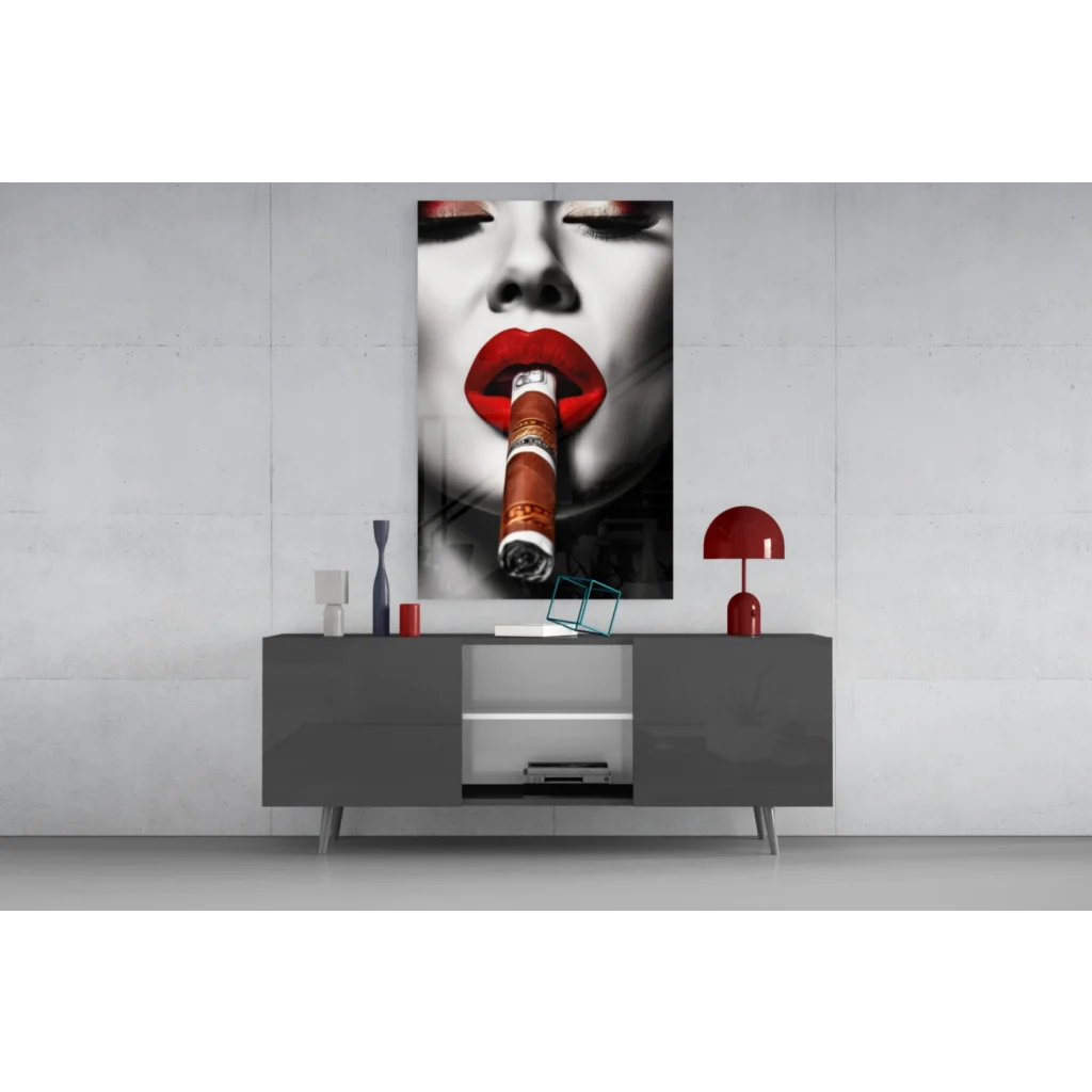 Bold red lips cigar woman on striking black-and-white glass wall art canvas print