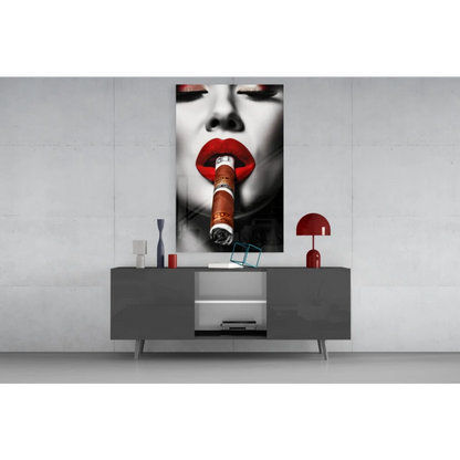 Bold red lips cigar woman on striking black-and-white glass wall art canvas print