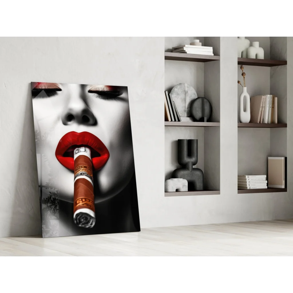 Striking black-and-white glass wall art of woman with bold red lips holding cigar