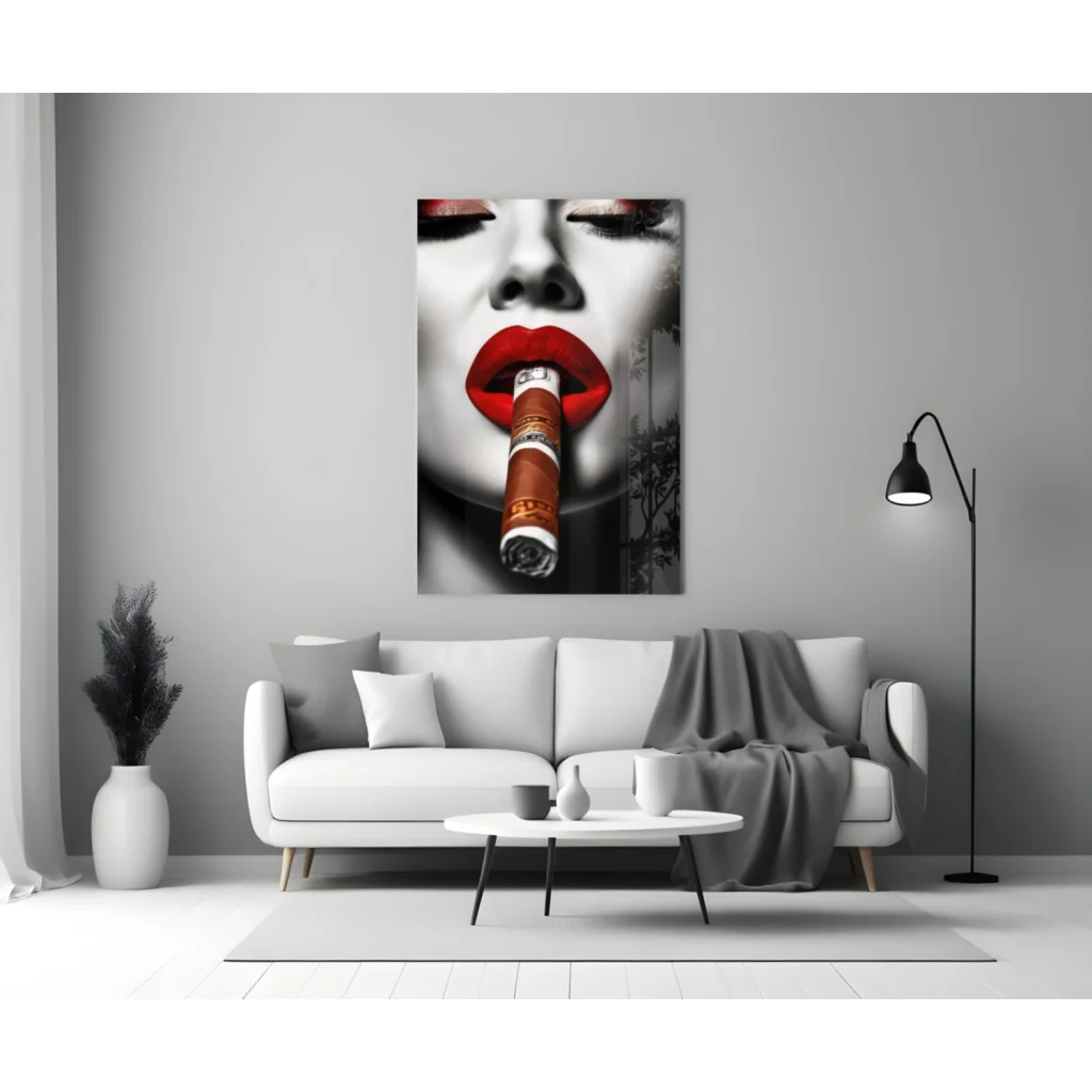 Bold Red Lips Cigar Woman Glass Wall Art Canvas Print | Modern Wall Art Decor | vintageantiquesgifts.com