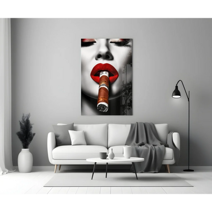 Bold Red Lips Cigar Woman Glass Wall Art Canvas Print | Modern Wall Art Decor | vintageantiquesgifts.com
