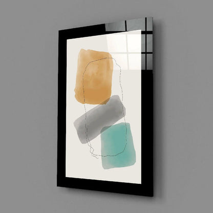 Modern teal abstract wall art print in black frame, orange gray watercolor shapes