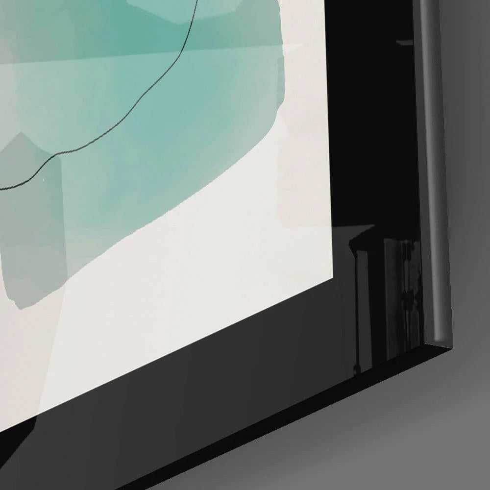 Modern teal abstract wall art print in black frame with curved line
