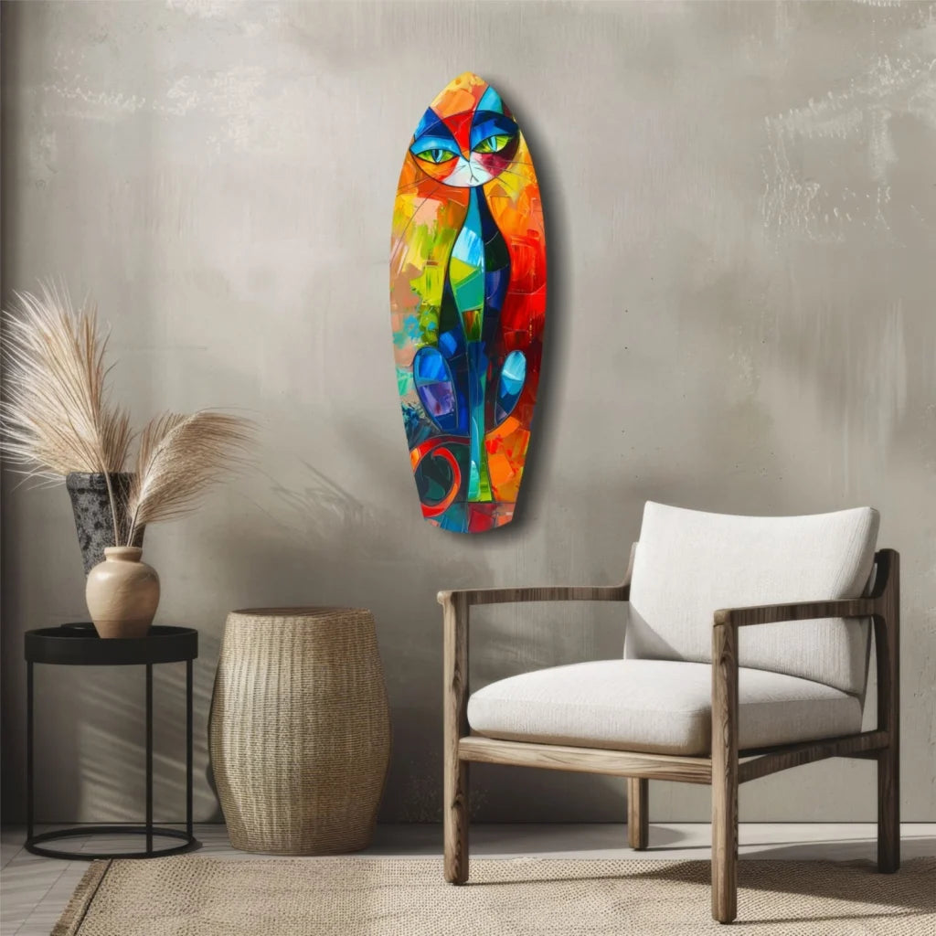 Vibrant abstract cat tempered glass art with bold colorful geometric patterns
