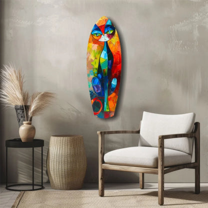 Vibrant abstract cat tempered glass art with bold colorful geometric patterns