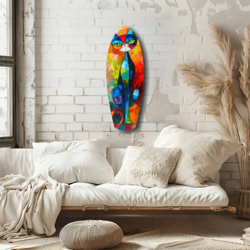 Vibrant abstract cat tempered glass art in bold rainbow hues
