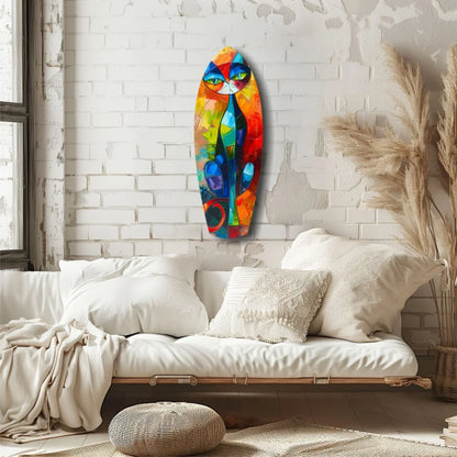 Vibrant abstract cat tempered glass art in bold rainbow hues