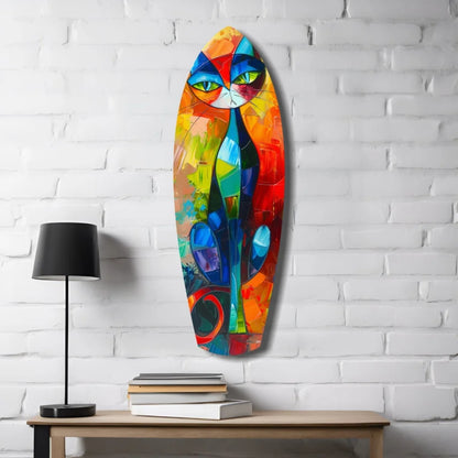 Vibrant Abstract Cat Tempered Glass Art with Bold Geometric Colors | Contemporary Home Wall Art | vintageantiquesgifts.com
