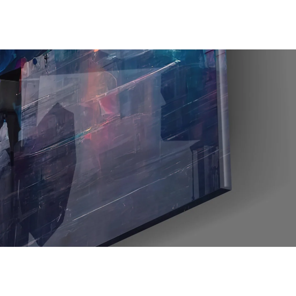 Sleek glass wall art print of modern TV with abstract blue-purple design