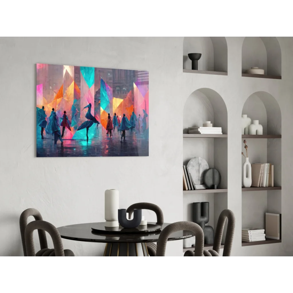 Vibrant glass wall art of silhouetted figures in neon geometric shapes