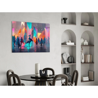 Vibrant glass wall art of silhouetted figures in neon geometric shapes