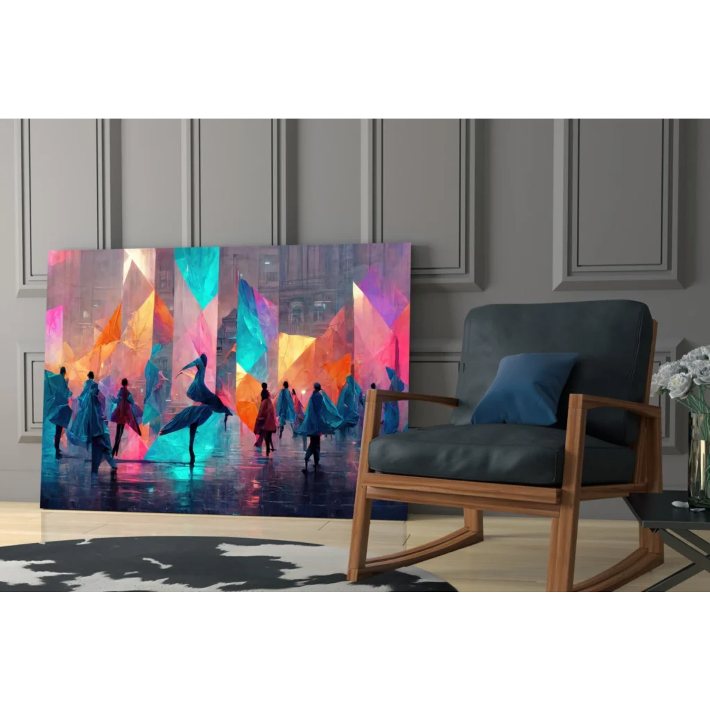 Vibrant glass wall art of dancers in glowing geometric shapes on urban backdrop