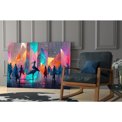 Vibrant glass wall art of dancers in glowing geometric shapes on urban backdrop