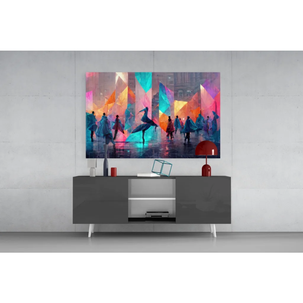 Vibrant abstract glass wall art of dancers in colorful geometric cityscape