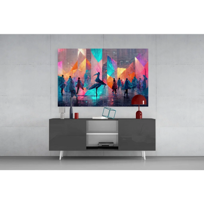Vibrant abstract glass wall art of dancers in colorful geometric cityscape