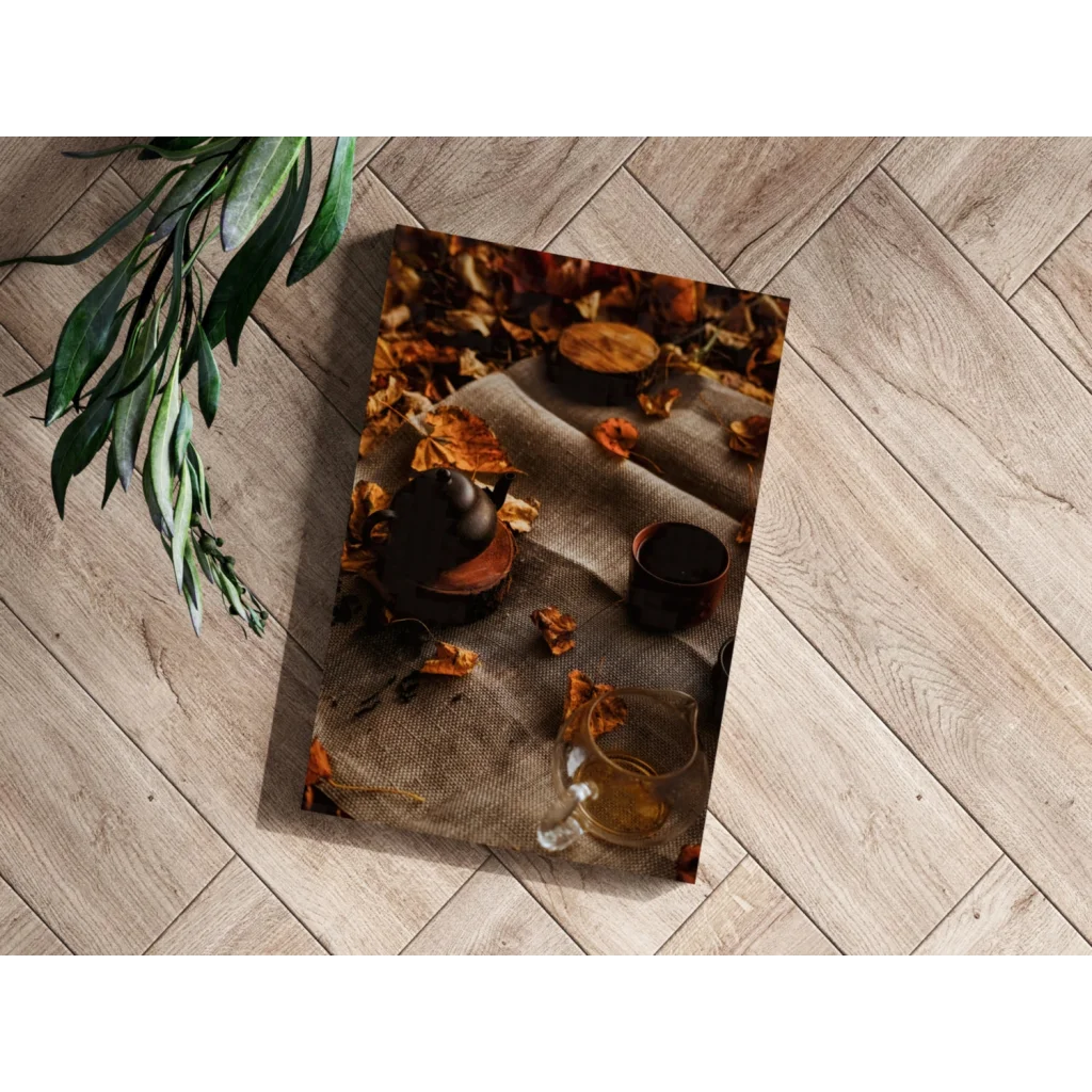Rustic Autumn Tea Scene Insigne Aluminum Print | Modern Wall Art Decor | vintageantiquesgifts.com