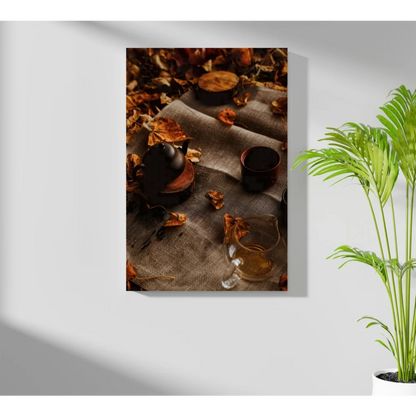Rustic black teapot on wooden coaster with autumn leaves, Insigne aluminum print