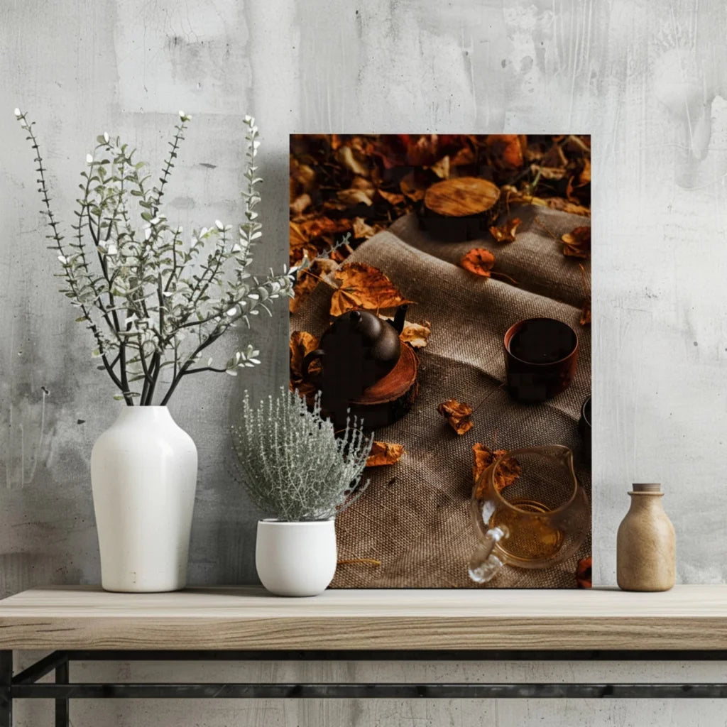 Rustic Autumn Tea Scene Insigne Aluminum Print | Glass Wall Art Print | vintageantiquesgifts.com