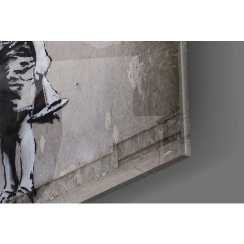 Black and white stencil graffiti figure on weathered wall art print