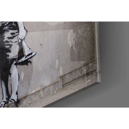 Black and white stencil graffiti figure on weathered wall art print