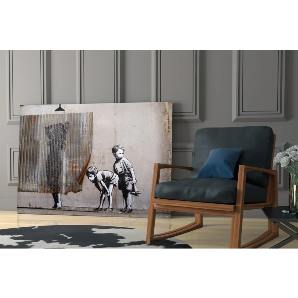 Black and white street art canvas wall art print of kids and figure behind curtains