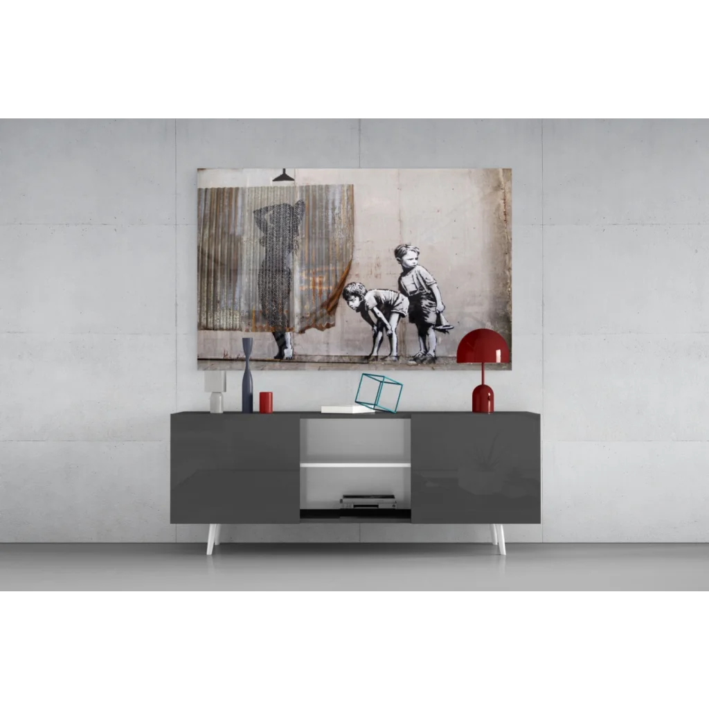 Black and white street art wall art print of kids and dress on clothesline