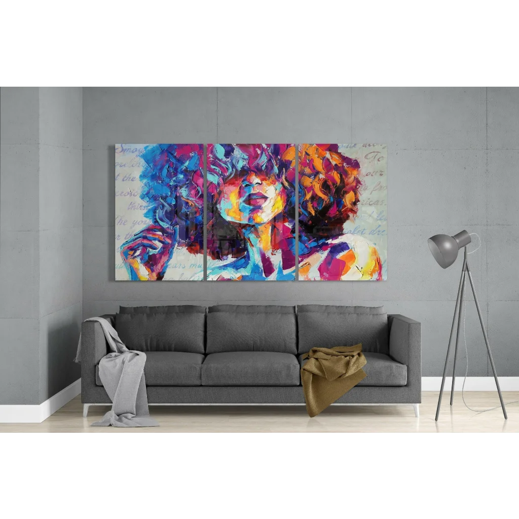 Vibrant abstract portrait glass wall art triptych with bold blue, pink, orange strokes on textured gray