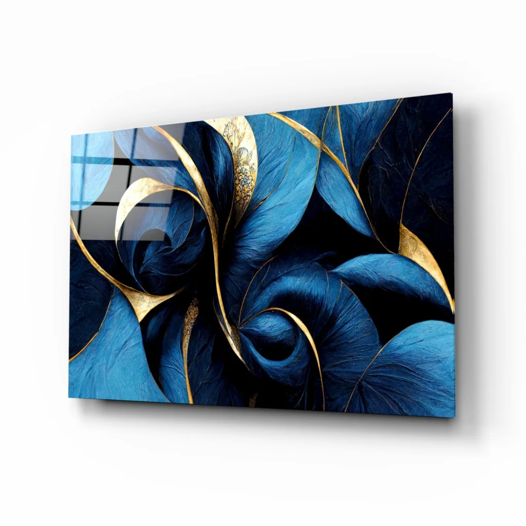 Stunning blue gold swirl tempered glass wall art with abstract floral design