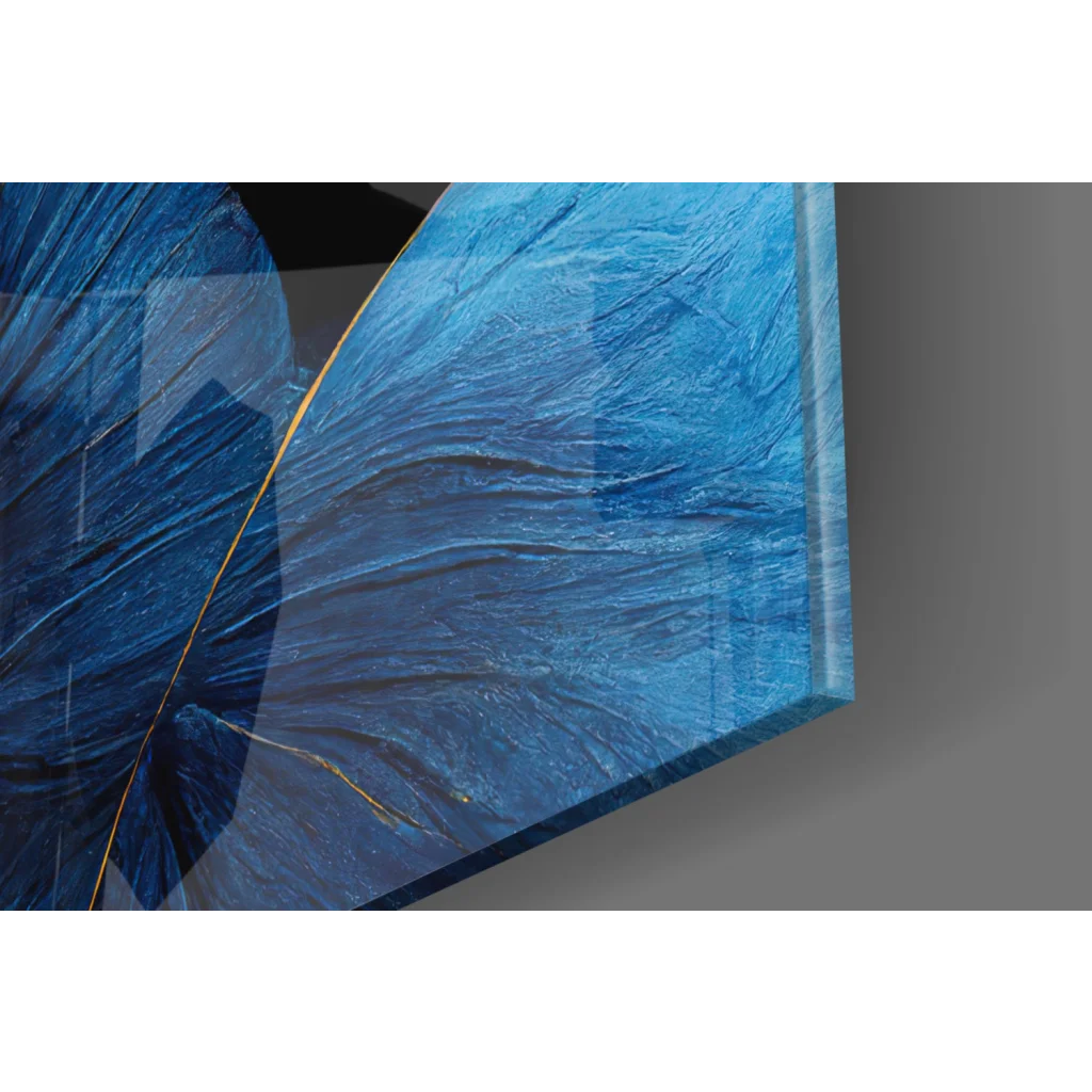 Stunning blue gold swirl tempered glass wall art with textured panel