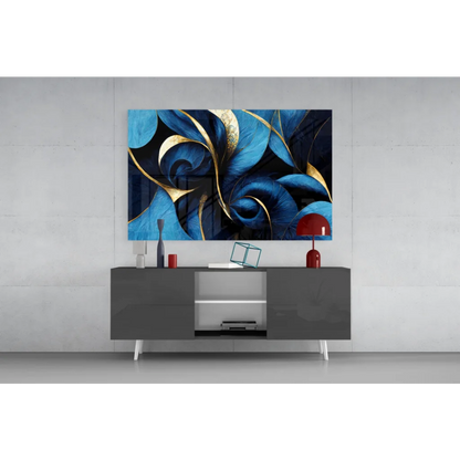 Stunning blue gold swirl tempered glass wall art with abstract patterns