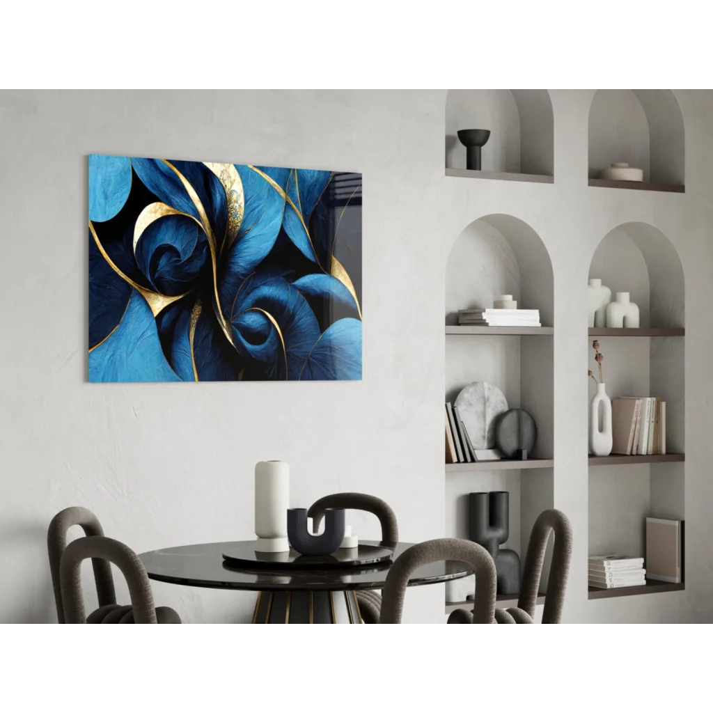 Stunning blue gold swirl tempered glass wall art on canvas