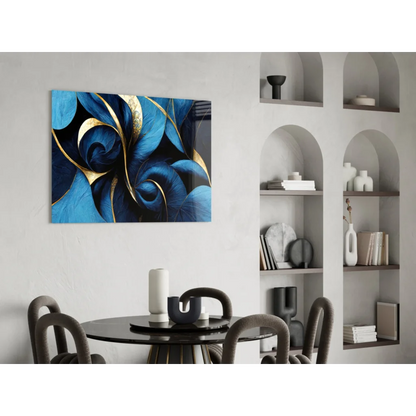 Stunning blue gold swirl tempered glass wall art on canvas