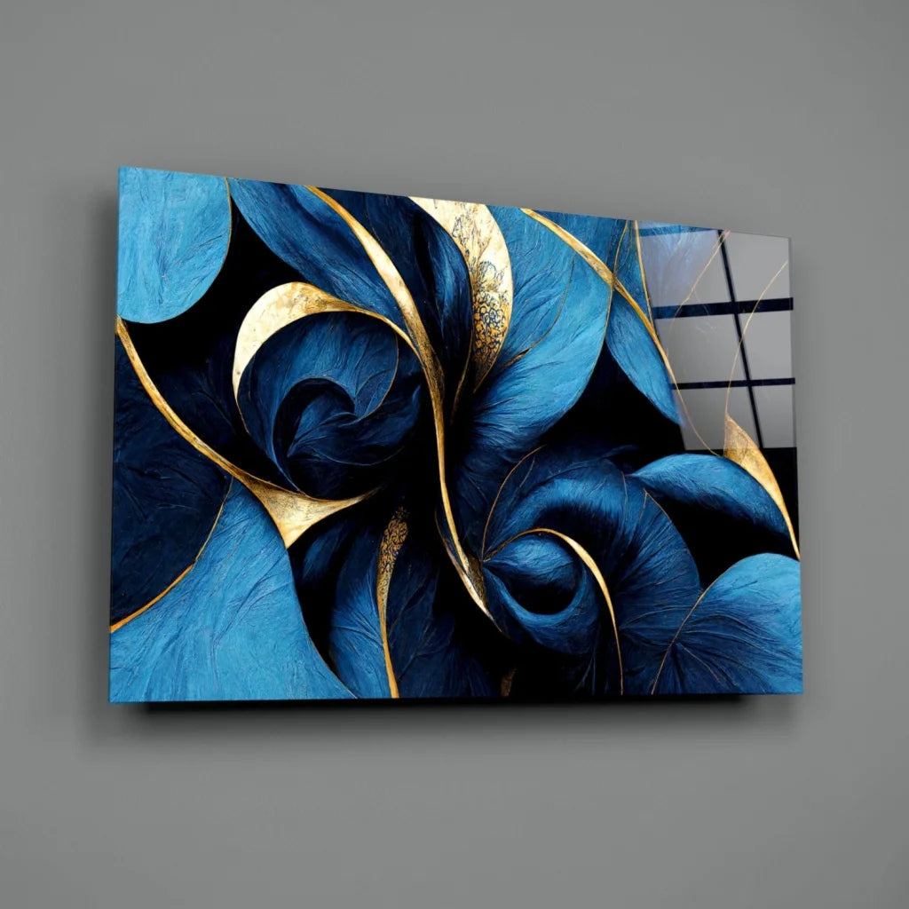 Stunning blue gold swirl tempered glass wall art with abstract floral design