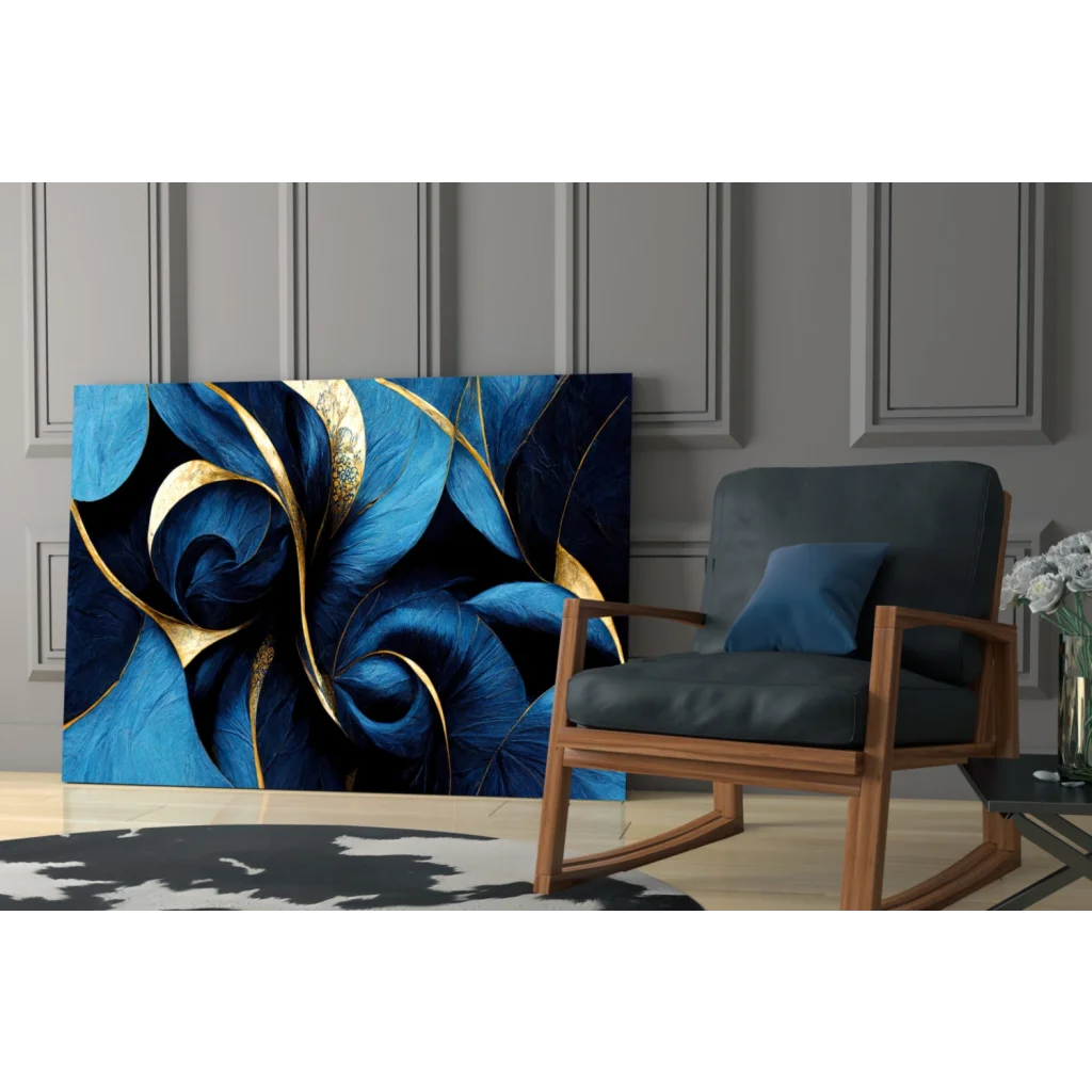 Vibrant blue gold swirl tempered glass wall art with abstract floral patterns