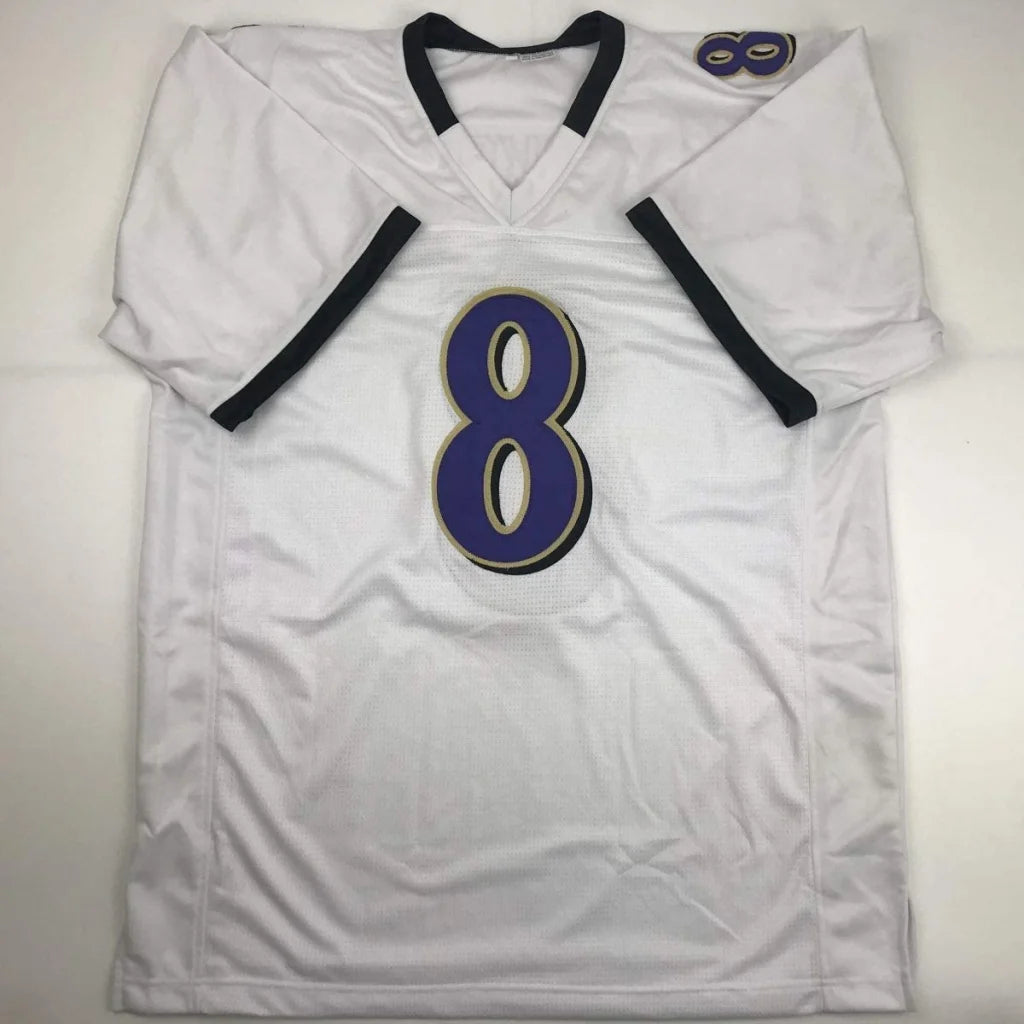 White and black custom football jersey with purple number 8 for sports league fans