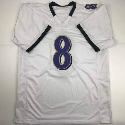 White and black custom football jersey with purple number 8 for sports league fans