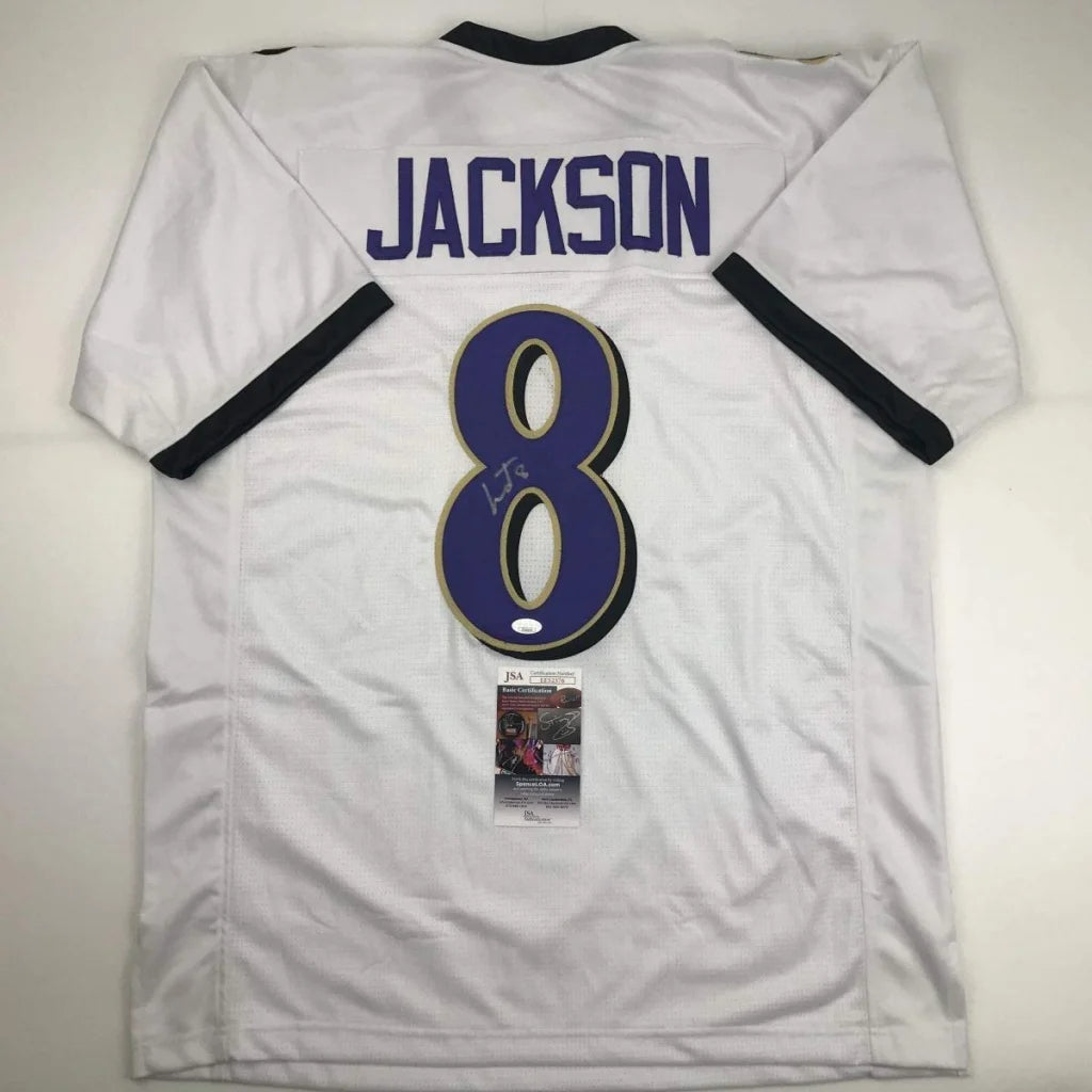 White custom jersey with JACKSON 8 autographed in purple for professional sports fans