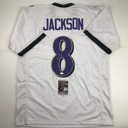 White custom jersey with JACKSON 8 autographed in purple for professional sports fans