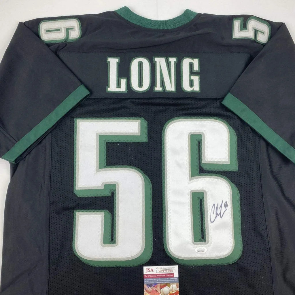 Custom black and green football jersey with number 56 and Long autograph for pro sports fans