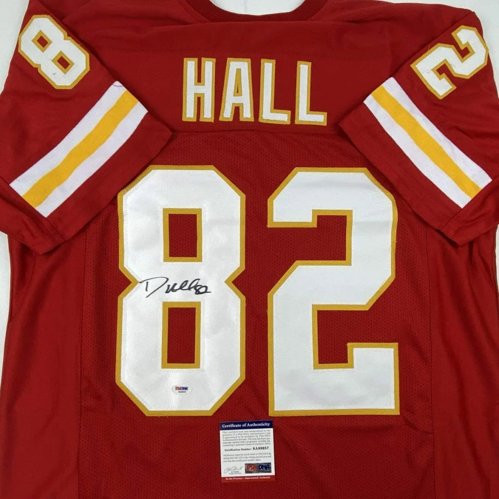 Autographed red football jersey with Hall 82 for fan of custom jerseys and pro sports