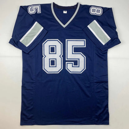 Navy blue custom jersey with white trim and number 85 for Dallas Cowboys pro sports league