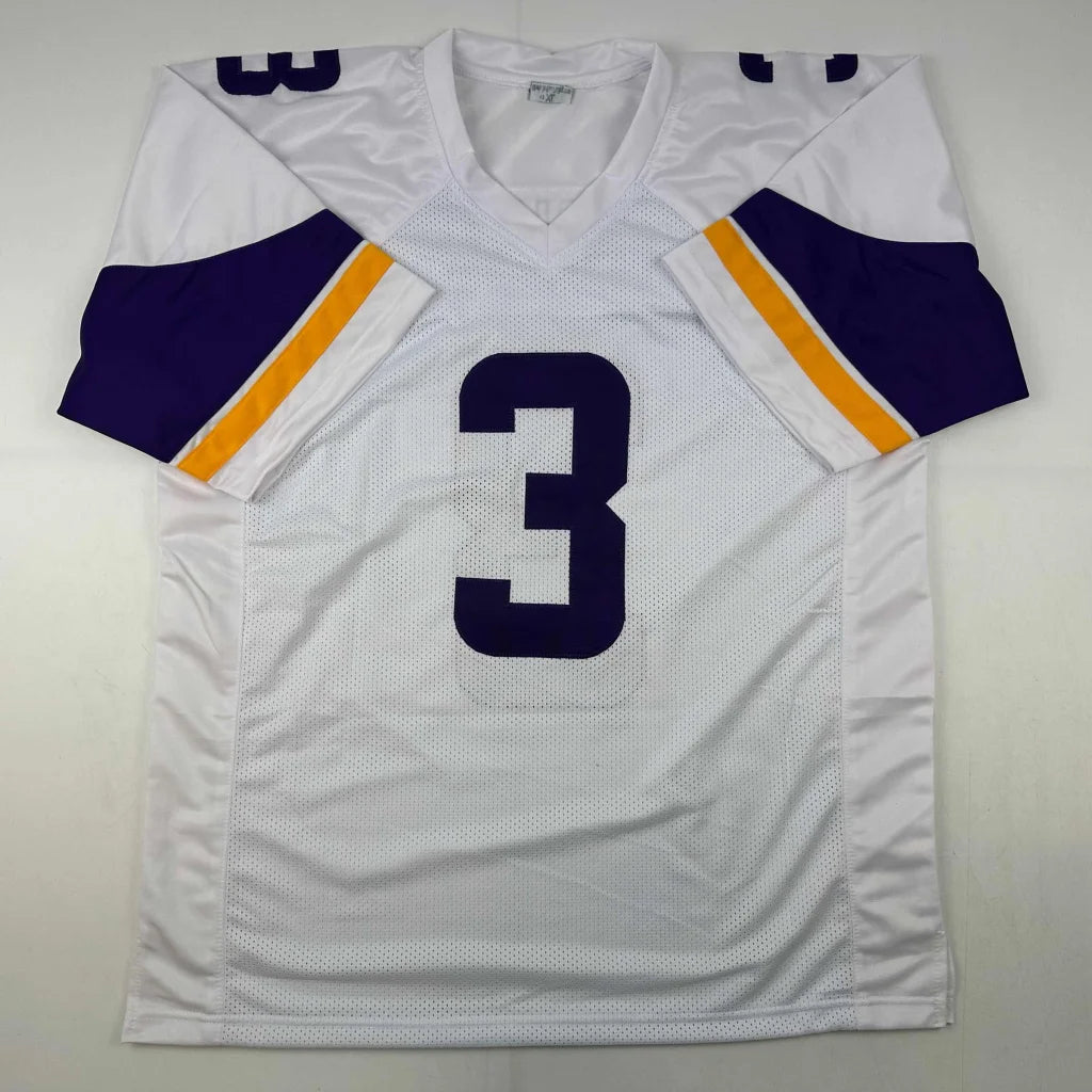 White custom jersey with purple and gold accents, number 3, for professional sports fans
